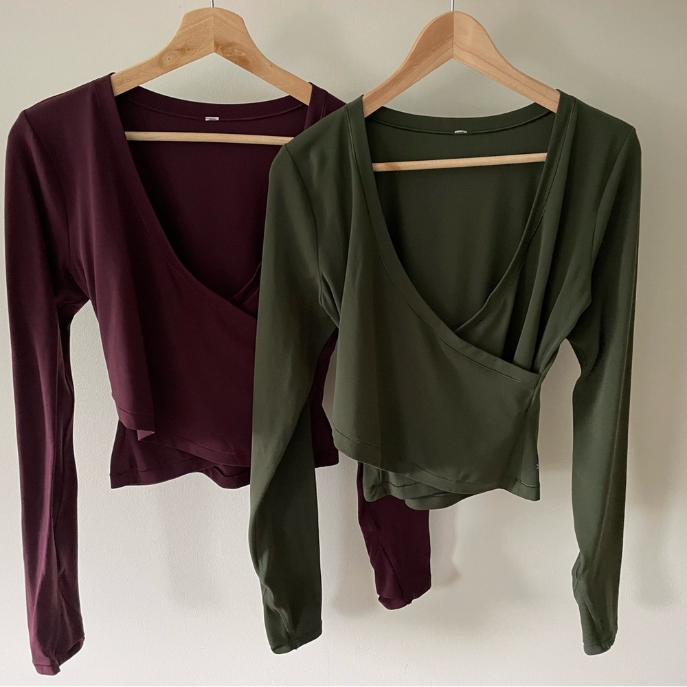 Set of TWO Size Medium Athleta Transcend Wrap Tops Burgundy Red & Olive Green